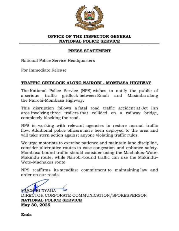 05-30 NPS Alerts Public on Nairobi-Mombasa Highway Traffic Gridlock
