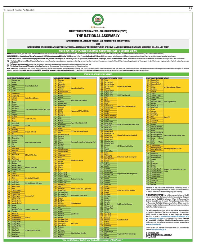 Public Hearings on the Constitution of Kenya (Amendment) Bill No. 4 of 2025!  Submissions due by 10 May 2025, 5:00 PM