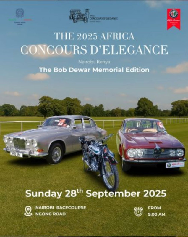 Sunday, September 28th, 2025, from 9:00 AM onwards The 2025 Africa Concours d'Elegance: The Bob Dewar Memorial Edition!at the Nairobi Racecourse, Ngong Road, in Nairobi, Kenya.