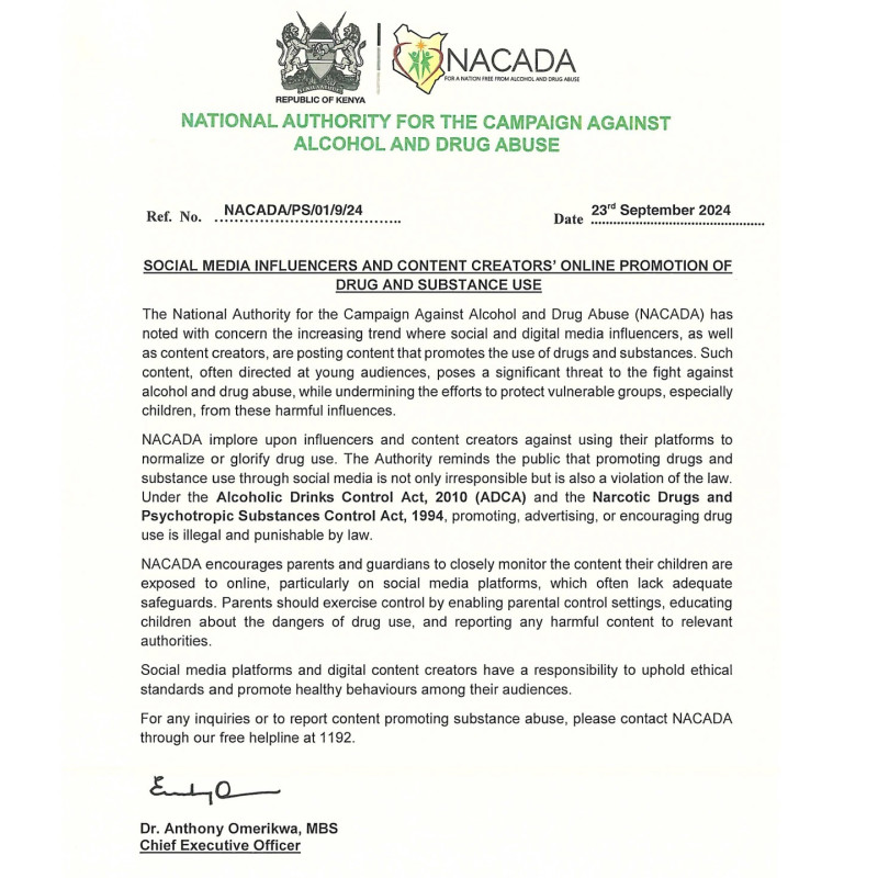 NACADA Warns Social Media Influencers Against Promoting Substance Abuse