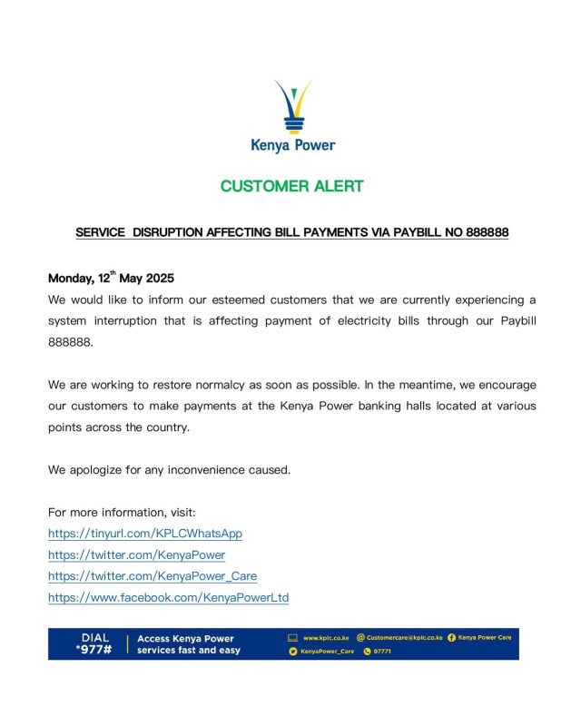 Kenya Power Alert: Service Disruption for Paybill 888888 on May