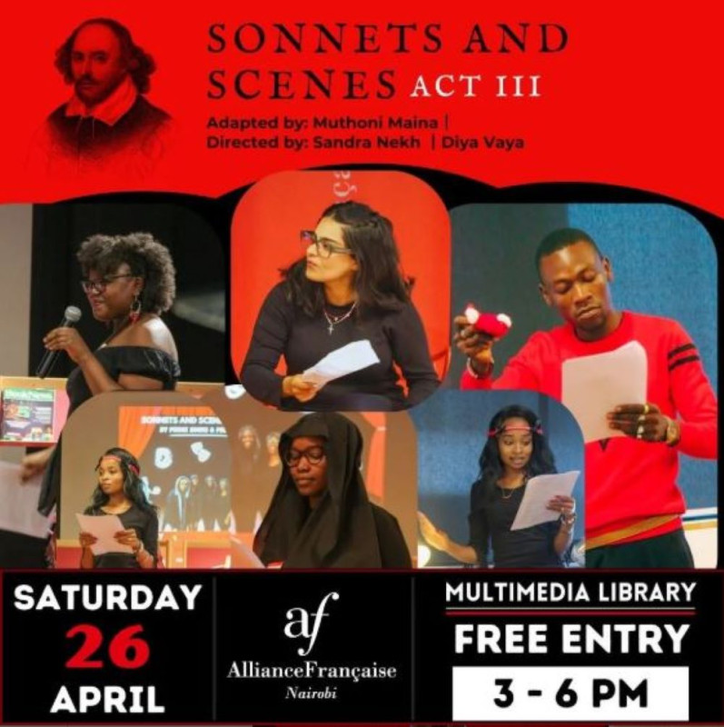 Experience Shakespeare like never before at "Sonnets and Scenes Act III"! on Saturday, April 26th, from 3 PM to 6 PM at the Multimedia Library, Alliance Française Nairobi.