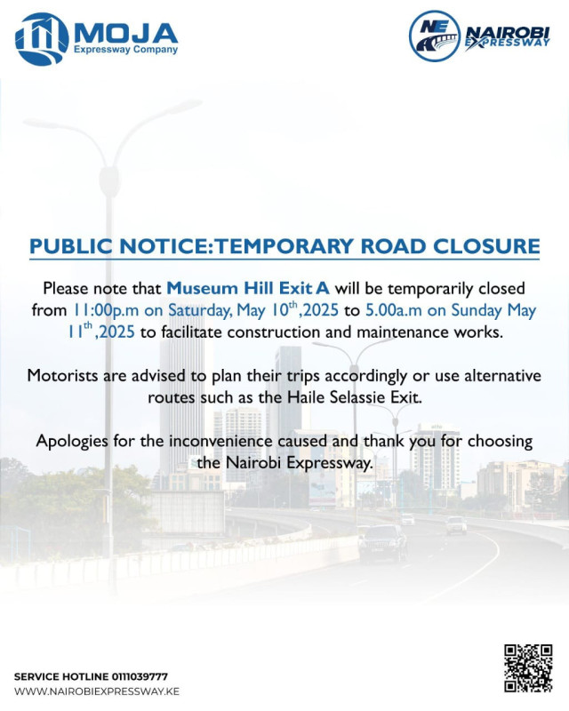 05-11 Museum Hill Exit on Nairobi expressway to be closed temporarily