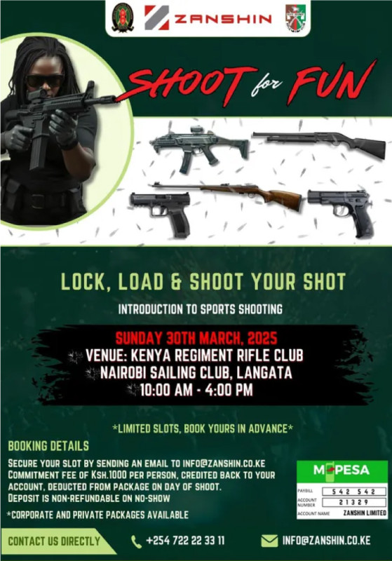 Shoot for Fun with Zanshin! 🔫 Intro to sports shooting on Sunday, 30th March 2025, 10:00 AM - 4:00 PM at Kenya Regiment Rifle Club, Nairobi Sailing Club, Langata.
