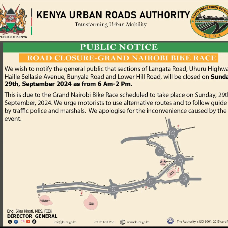 Kenya Urban Roads Authority Announces Langata Road, Uhuru Highway, Haile Sellasie Avenue ans Southern Bypass Among Roads To Be Closed For 13 Hours