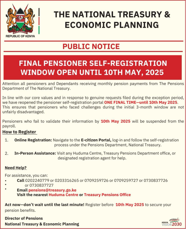 FINAL PENSIONER SELF-REGISTRATION WINDOW (Closes 10th May 2025) ATTENTION ALL PENSIONERS & DEPENDANTS