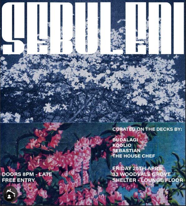 Serulemi" event on Friday, April 25, 2025, at 33 Woodvale Grove, Shelter Lounge Floor, from 8 p.m