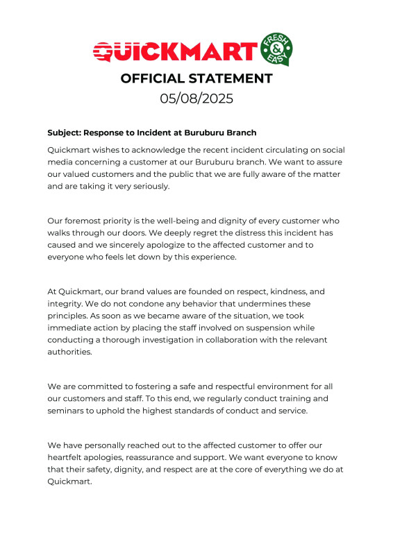 08-05 Quickmart Official Statement Response at Buruburu Branch